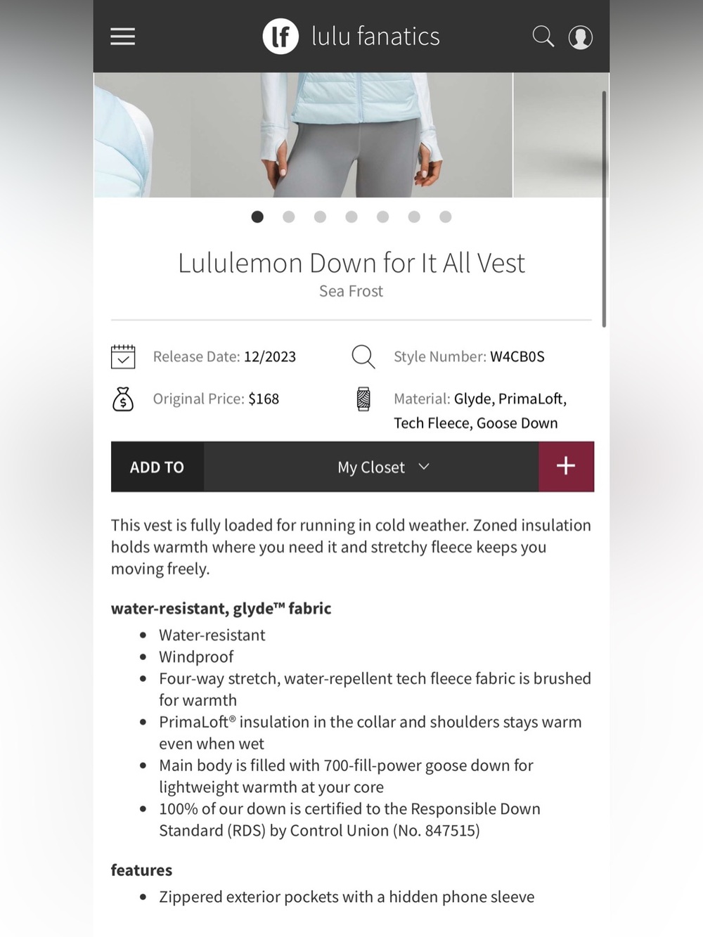 Lululemon Sea Frost Down for It All Vest Size 4 - Picture 9 of 9